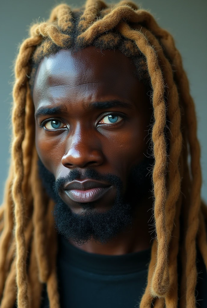 A black man with blond dreadlocks and blue eyes