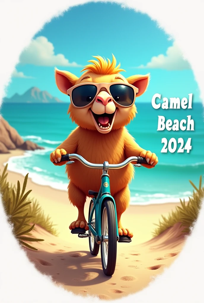 create a circle-shaped brand and inside it have an image of a camel wearing sunglasses and pedaling an old bicycle down a dirt road surrounded by beach sand and in the background the blue sea the camel is excited making a happy face the sun reflects on the glasses it should say camel beach 20024