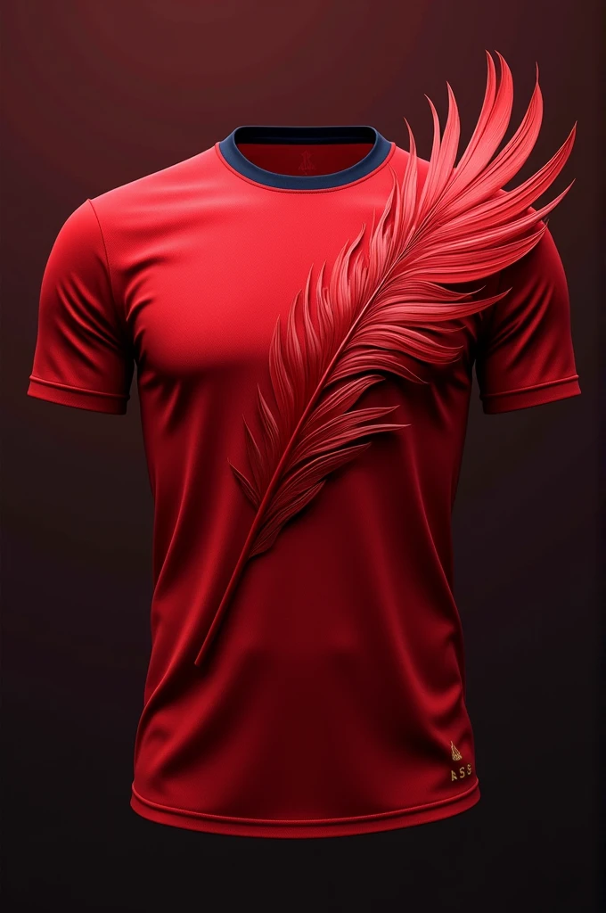 Create two European soccer shirt designs that look like the back of the shirt and the front and have the color red and have some feathers in front of the shirt and have a bird called Eudecimus ruber on the right side.