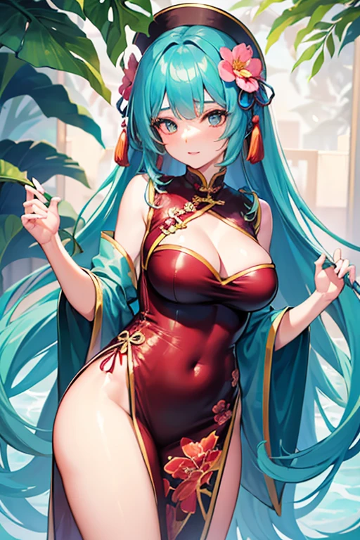 1 girl, fashion girl, chinese dress, sexy chinese clothing, hair flower, turquoise hair, hypdertailed, (work of art:1.4),(best qualityer:1.4),(shining skin), looking ahead at viewer, breasts big