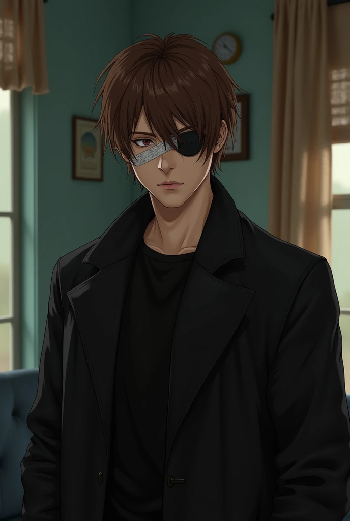 White young  man with brown hair, Bangs in the hair, emo Brown hair, black long coat, 90s sitcom, real life, realistic, retrô, bandage eyepatch
