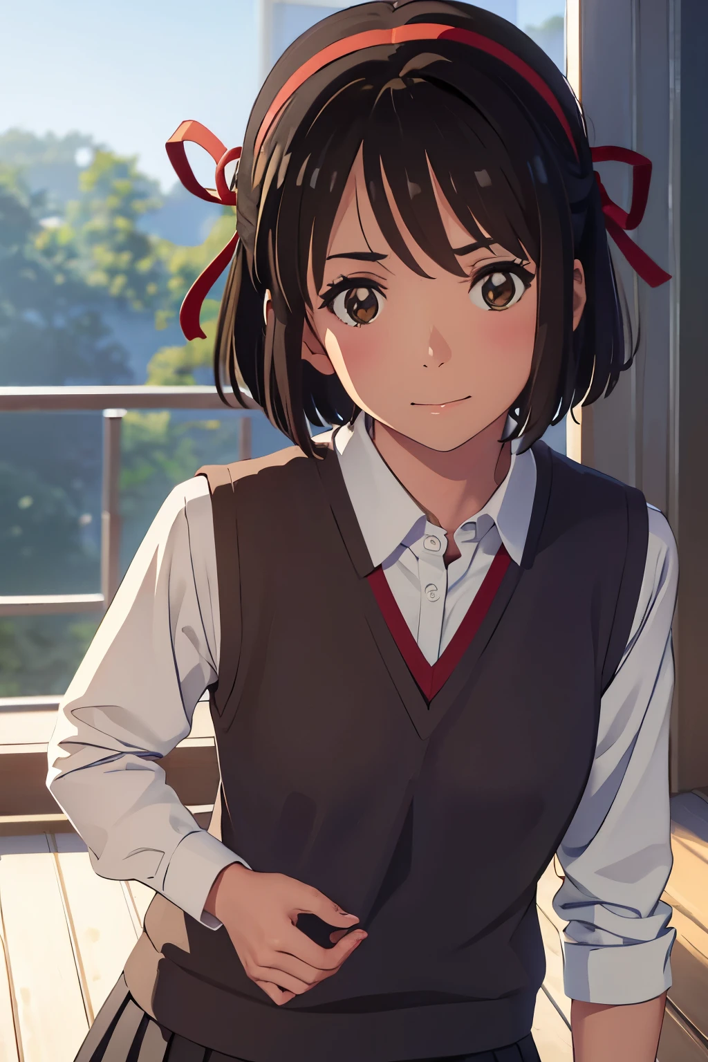 (8k, raw photo, masterpiece, extremely detailed, best quality, professional lighting, high res, cinematic), (beautiful and adorable girl:1.2), mitsuha miyamizu, black hair, (brown eyes:1.5), short hair, hairband, ribbon, school uniform, hair ribbon, red ribbon, sweater vest, blue sweater vest, shirt, white shirt, collared shirt, long sleeves, skirt, black skirt, pleated skirt, energetic girl, BREAK smile, (eyecontact:1.2)