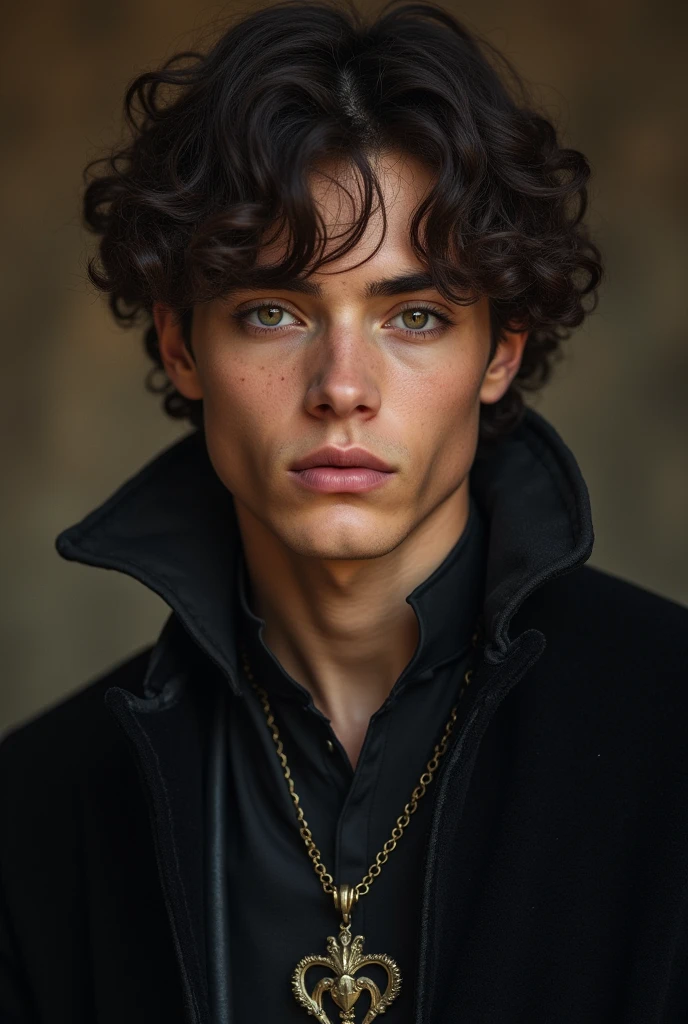 Prince with grayish brown eyes, curly hair, brunette skin, and seductive look. extremely pretty. 20 year old young man. Prince&#39;s clothes, black, Mediovale.