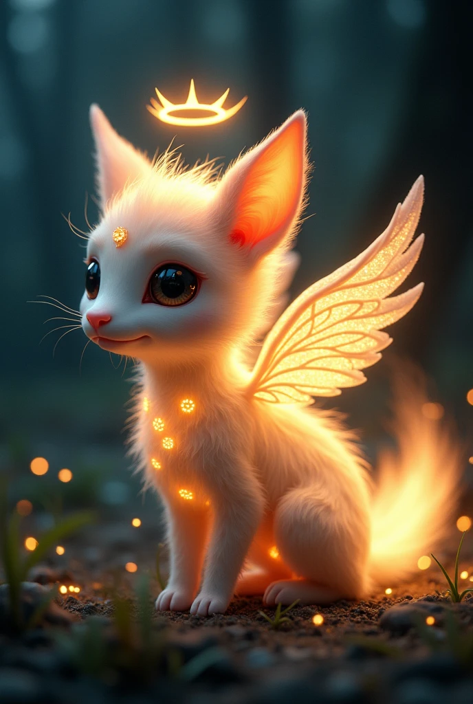 Little animal in the night with brightness around it with angel wings and its angel crown and fire tail 