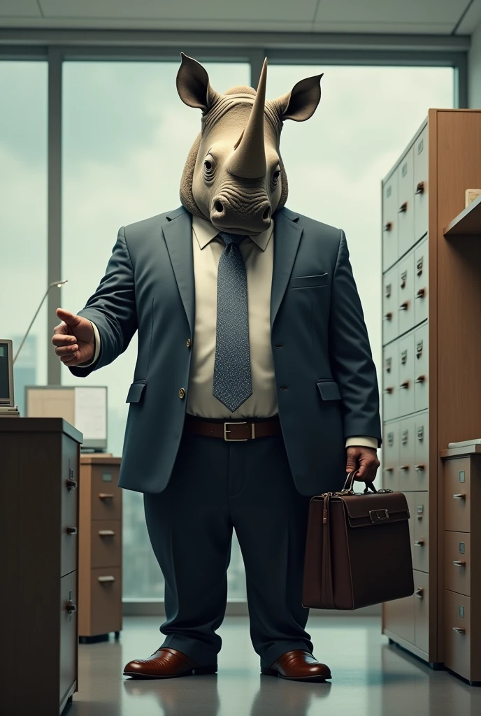 Rhino in insurance salesman suit