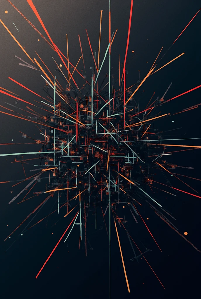 Use a series of intersecting, multicolored lines that create a complex web-like design on a dark grey.