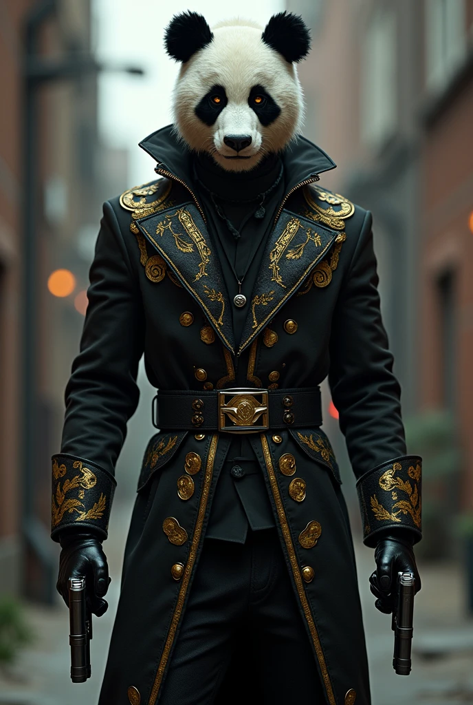 A man in black and gold clothes wearing a panda mask with two pistols