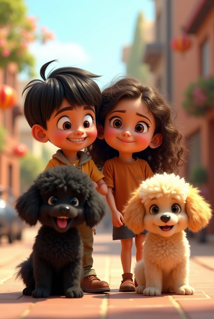 Pixar-type image of a girl with curly brown hair and slanted eyes, a boy with black hair and brown eyes and straight hair, and two curly dogs, one black and one blond.