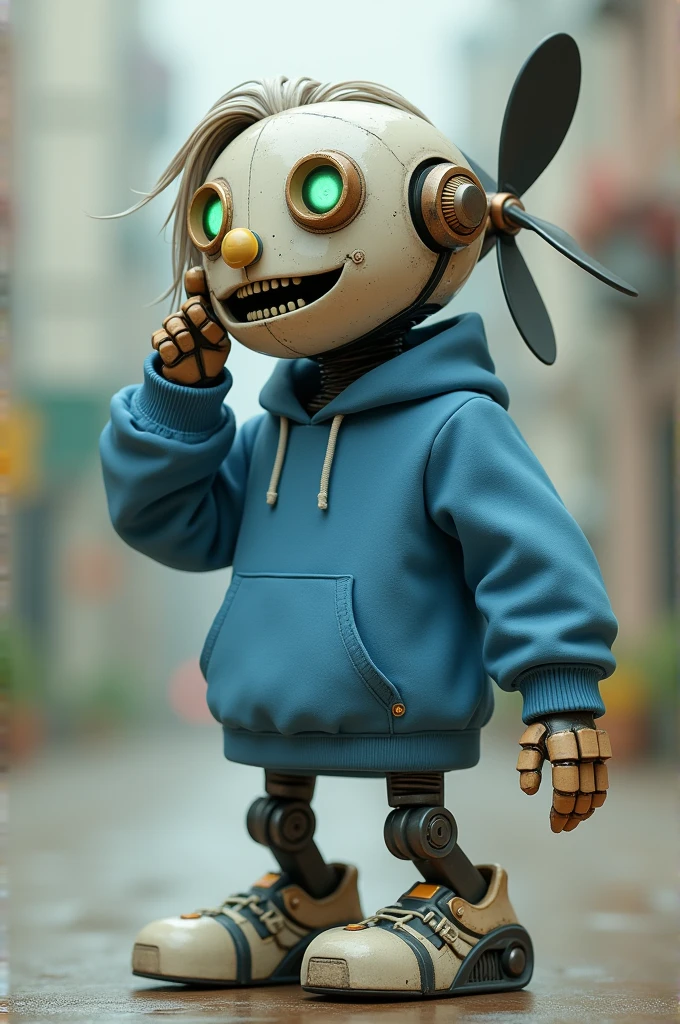 Robot man with a blue sweatshirt and a propeller instead of legs that makes him rub ,her face:It has a visor in its eyes and has a green light like its eyes and a mouth with a line with squares simulating teeth. ,He has hair that is above his shoulder, pointed and combed to one side.