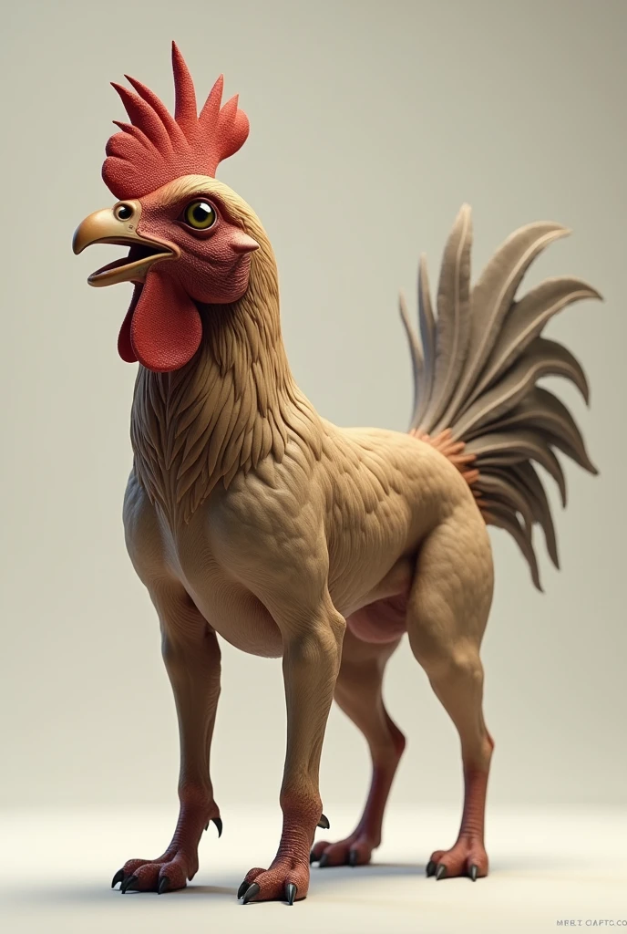 A dog with a 3d chicken head