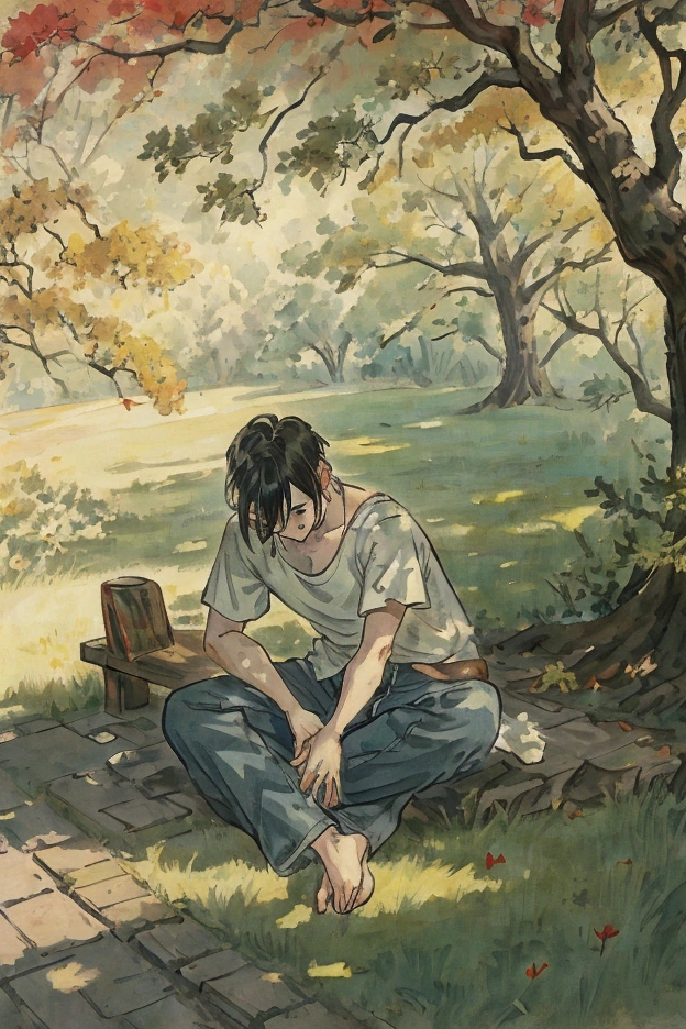A young man in his early twenties, dressed in a rumpled t-shirt and faded jeans, slumped over on a park bench with his elbows resting on his knees and his face buried in his interlocked hands. His posture exudes a deep sense of sorrow and regret, as his shoulders heave slightly with each sigh. His eyes, though obscured, are likely red and swollen from recent tears. The bench is nestled under a large, ancient oak tree that casts dappled shadows on the sunlit grass surrounding him, creating a stark contrast between the warm light and his shadowed figure. The park is otherwise empty, adding to the atmosphere of solitude and isolation. The time of day appears to be late afternoon, with the sun beginning to dip below the horizon, casting a soft golden hue over the scene. The vibrant greenery of the park seems to thrive around him, a stark contrast to his emotional turmoil. A discarded bouquet of wilted flowers lies at his feet, petals scattered by a gentle breeze that rustles the pages of an open notebook beside him, revealing hastily scribbled words of apology. The overall composition of the image is framed in a way that draws the viewer's attention to the man's bowed head and the sadness that emanates from his hunched form, while the serene beauty of the park setting serves as a poignant backdrop to his inner turmoil.