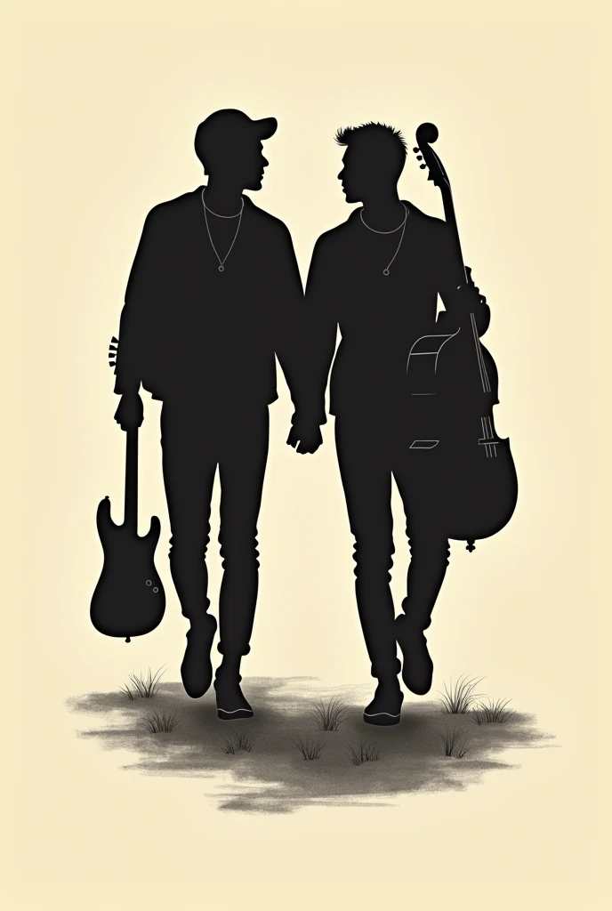 "Create a classic-style logo for a musical group, featuring two silhouettes of young men walking forward from the background. One silhouette holds a electric guitar, and the other carries a bass, with both figures in motion, symbolizing their journey and passion for music. The design should have a timeless feel, with elegant lines and a slightly vintage aesthetic. The silhouettes should be detailed enough to show the instruments clearly but still retain a level of abstraction. Use a sepia tone or muted color palette to enhance the classic vibe of the logo."