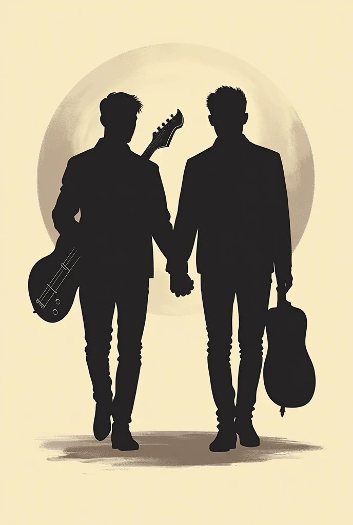 "Create a classic-style logo for a musical group, featuring two silhouettes of young men walking forward from the background. One silhouette holds a electric guitar, and the other carries a bass, with both figures in motion, symbolizing their journey and passion for music. The design should have a timeless feel, with elegant lines and a slightly vintage aesthetic. The silhouettes should be detailed enough to show the instruments clearly but still retain a level of abstraction. Use a sepia tone or muted color palette to enhance the classic vibe of the logo."