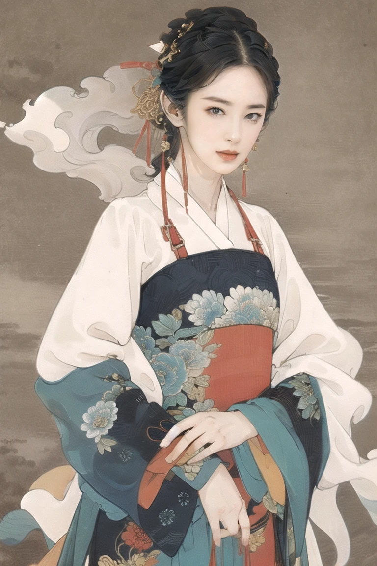 1 girl,origin,Cowboy Shooting,shut up, China dress, A faint smile,, Simple Background,