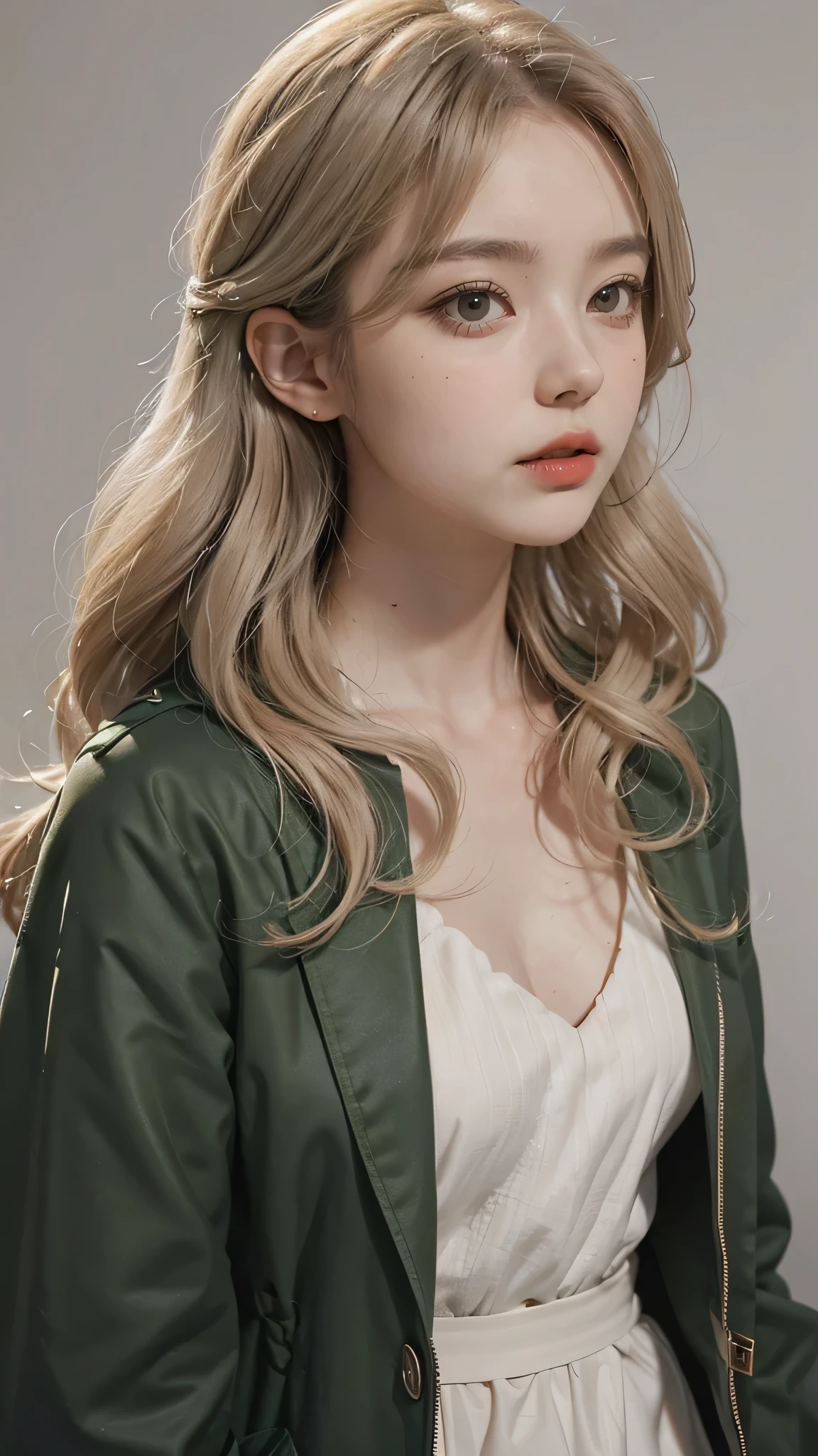 Girl wearing, luxury green coat, shoulder length hair, wavy hair, glowing skin, star in eye, red lips, grey  background, cute poses, upper body, light blonde hair, fully covered clothing.