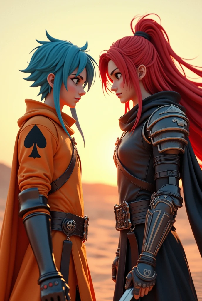 Male character with short blue hair with two long strands, feminine features on her face, with desert armor (orange), with spade symbols (negro), holding his helmet, next to another gentleman with long red hair, with desert armor de mayor rango (black), with spade symbols (white), battle pose, Looking towards the camera, Whole body, high quality, detailed, 4k quality lighting, animated style.
