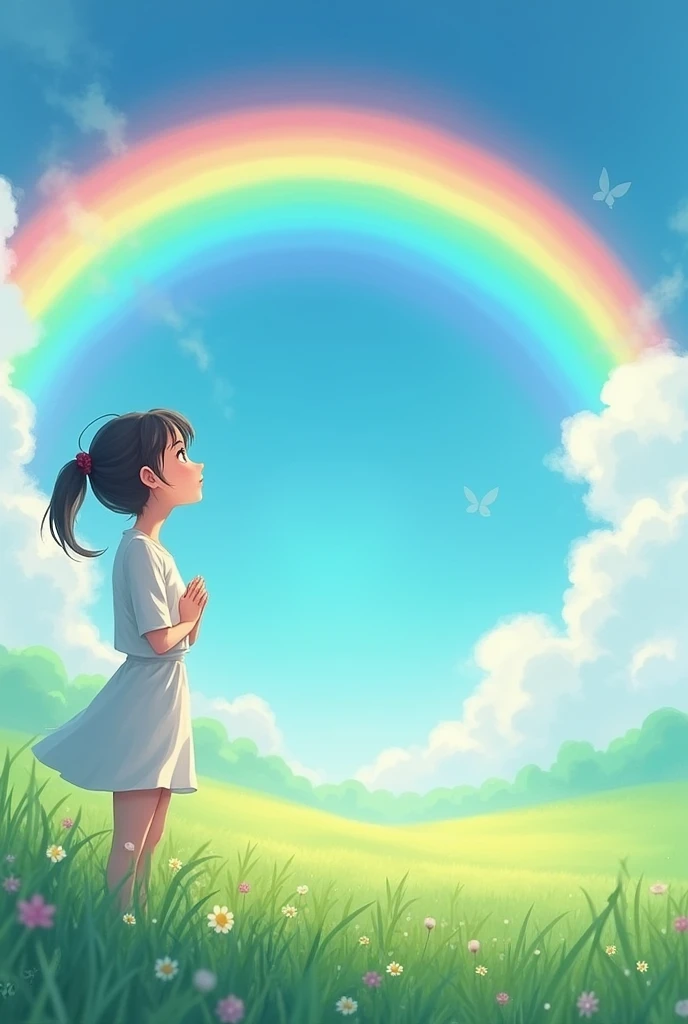 the same woman looking at the rainbow