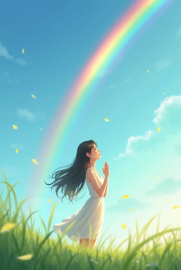 the same woman looking at the rainbow