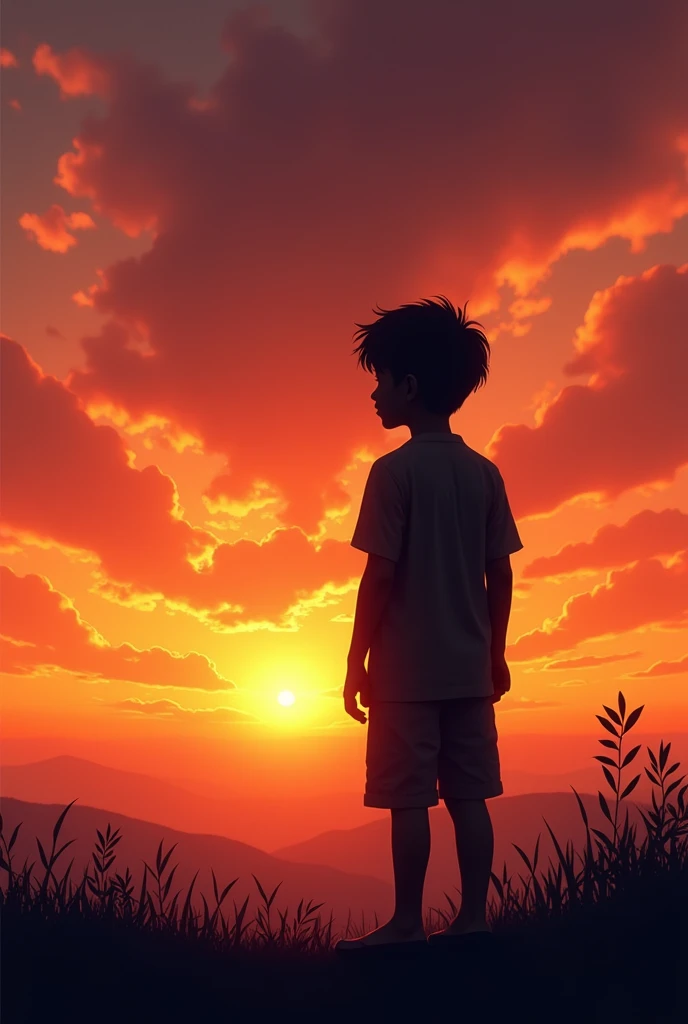 A boy silhouette in a sunset or sunrise ...boy is dark shadow