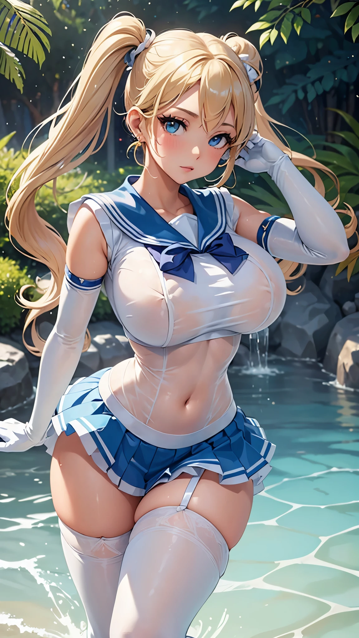 Close up, 1 girl, sailor, Tsukino Usagi, (sailor chiseki uniform:1.2),wet, See-Through top, (aqua eyes:0.9), blonde hair, twintail hair, wedge skirt, best quality, earrings, masterpiece, high resolution, intricate details, (realistic)), photography, (white elbow gloves:1.1), (white stocking:1.1), (huge breasts), (hourglass figure), (exposed navel), full body, dynamic background, dynamic pose, white