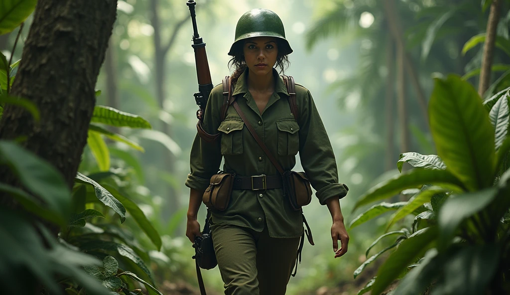 1940; (masterpiece, best quality) destroyed floresta amazonica woman brazilian soldier going to war
