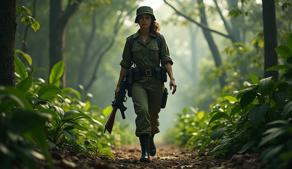 1940; (masterpiece, best quality) destroyed floresta amazonica woman brazilian soldier going to war