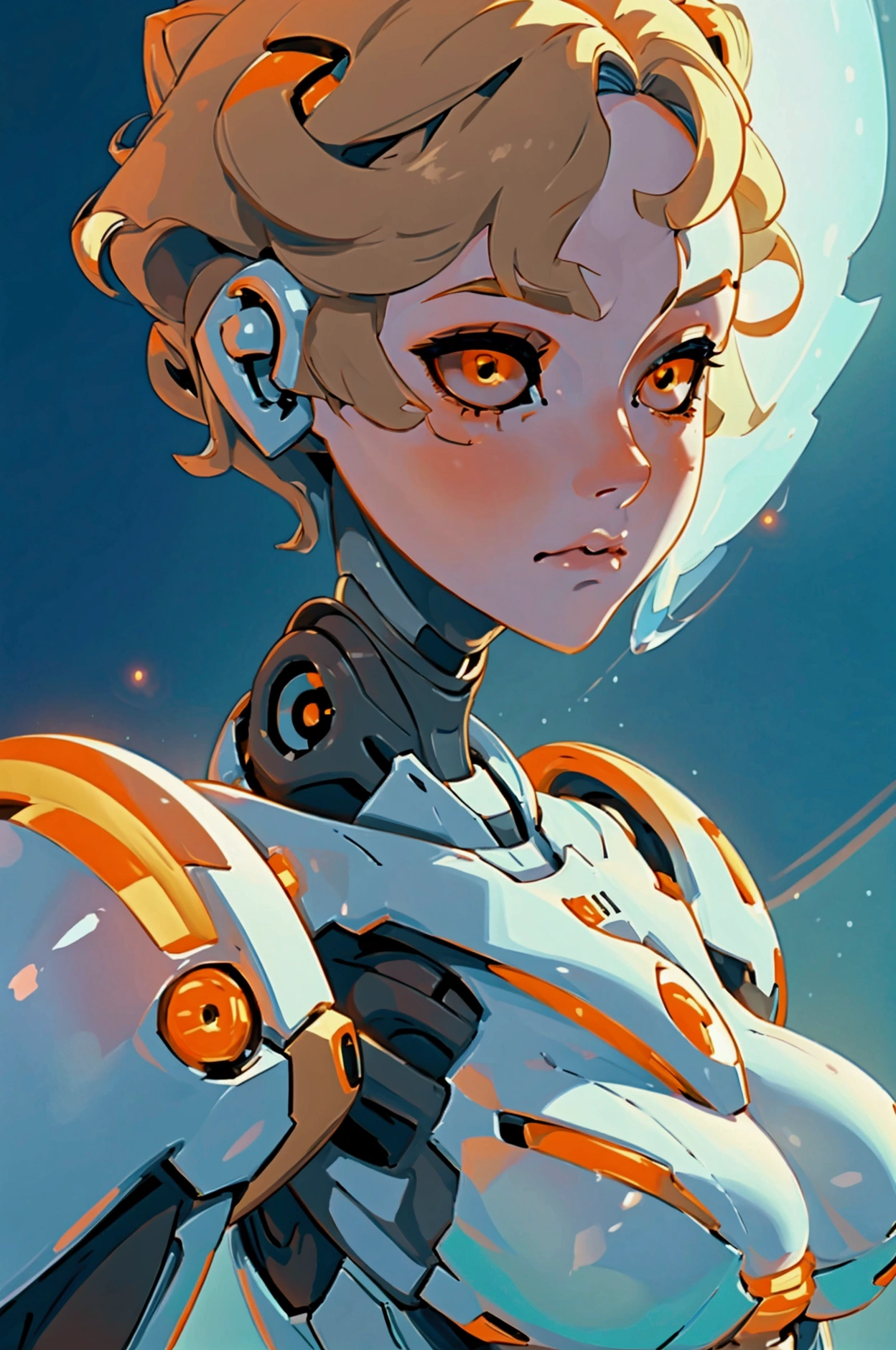 Beautiful robot woman, short blonde hair, pale white skin, orange eyes, large breasts, closeup of bust, neutral expression, space background, 