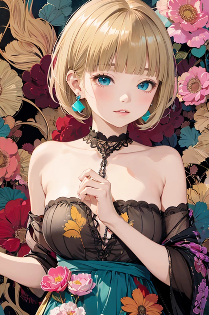 Blonde、Blonde Hair、Very Short Hair、Cat ears of the same color as the hair、Turquoise Eyes、(masterpiece、Highest quality、Highest quality、Official Art、Beautiful and aesthetic:1.2)、(One Girl:1.3)、Very detailed、(Fractal Art:1.1)、(Dark:1.1)(Floral:1.3)、Most detailed、(Tangled:1.2)、(Dynamic pose)、(Abstract background:1.3)、(Robe Dress:1.2)、(Glowing Skin)、(Many colors:1.4)、、(Earrings:1.4)、Blonde、Blonde Hair、Very Short Hair、Cat ears of the same color as the hair、Turquoise Eyes