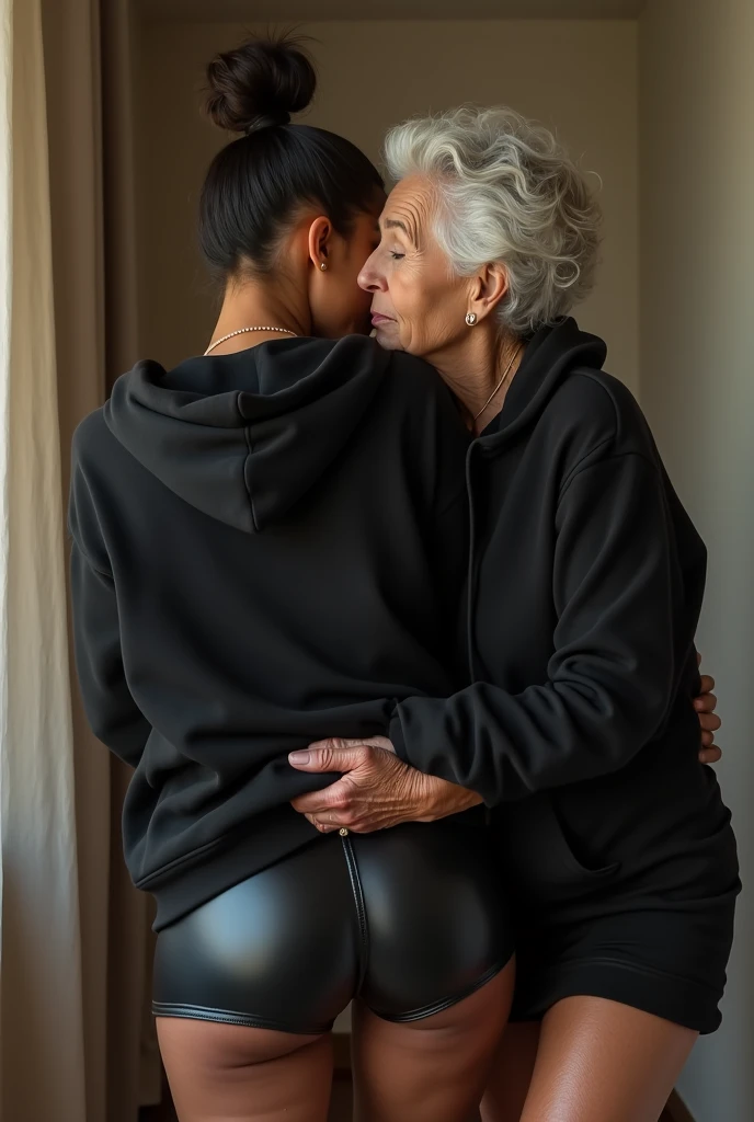 black woman hair in a bun black hoodie black leather short shorts being fucked in the ass by a old grandma in a dress
