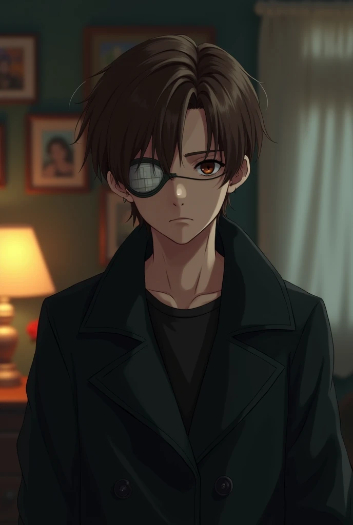 White young  man with brown hair, Bangs in the hair, emo Brown hair, black long coat, 90s sitcom, real life, realistic, retrô, bandage eyepatch