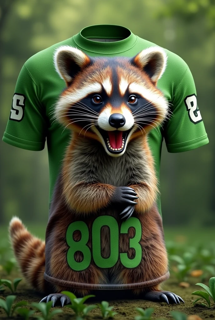 Green sports shirt with a country raccoon with a texture on the fabric, the raccoon with its mouth open and it also has green printed on it from class 803