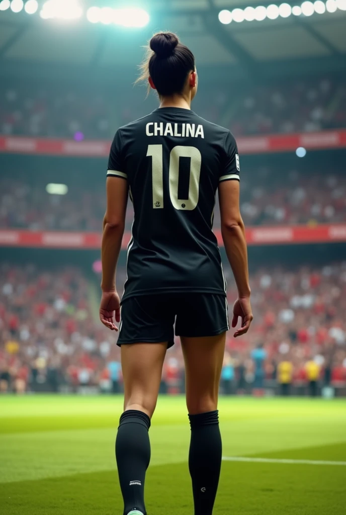 Soccer player number 10 named Chalina with a good body on her back in a black team stadium