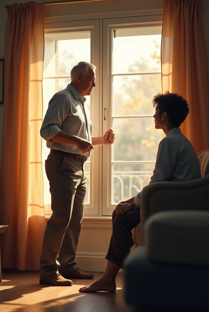 A person closing a window in his house while talking to another person