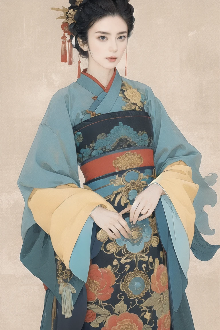 1 girl,origin,Cowboy Shooting,shut up, China dress, A faint smile,, Simple Background,