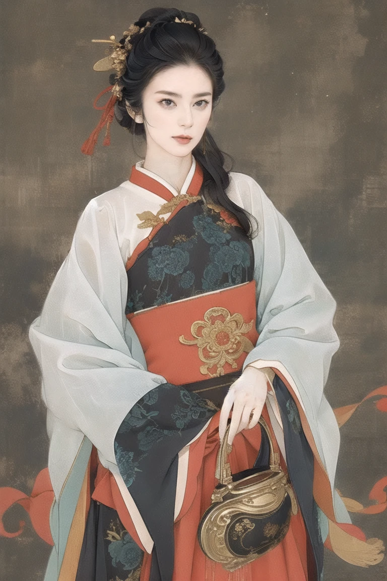 1 girl,origin,Cowboy Shooting,shut up, China dress, A faint smile,, Simple Background,