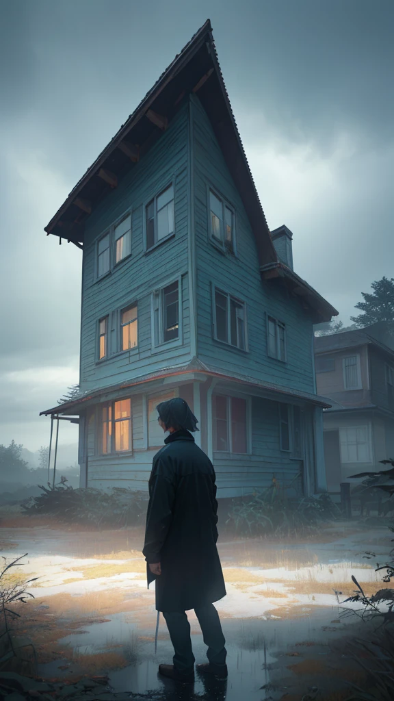 a sad man standing alone in a rainy forest, with a small house in the background, (best quality,4k,8k,highres,masterpiece:1.2),ultra-detailed,(realistic,photorealistic,photo-realistic:1.37),melancholy expression,stormy clouds,raindrops,moody lighting,dramatic shadows,blue tones,detailed landscape,dilapidated house,gloomy atmosphere