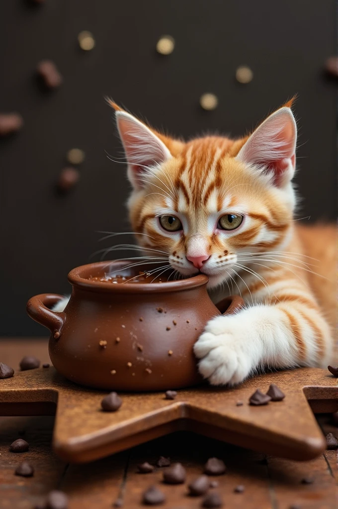 A cute cat lying on a star eating a pot of chocolate 