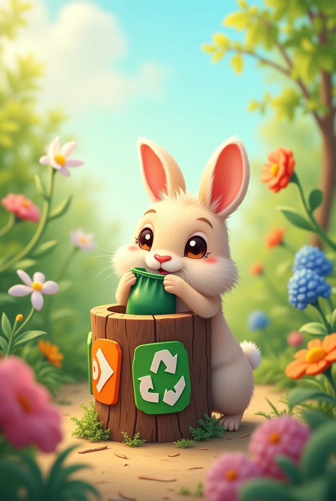 A cute rabbit is holding a bag of trash to throw into a colorful garden bin. The trash bin is made from a tree stump and is sorted into three categories.