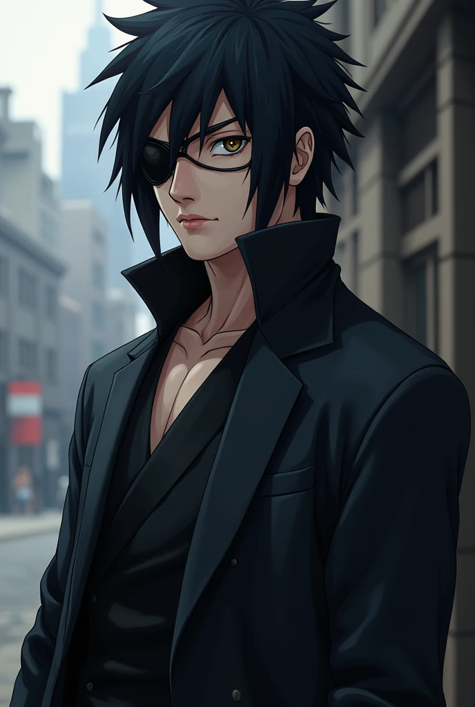  Sasuke Uchiha, A handsome 30 year old man with black hair and eyes wearing a dark elegant suit, a scarred face and an eye patch