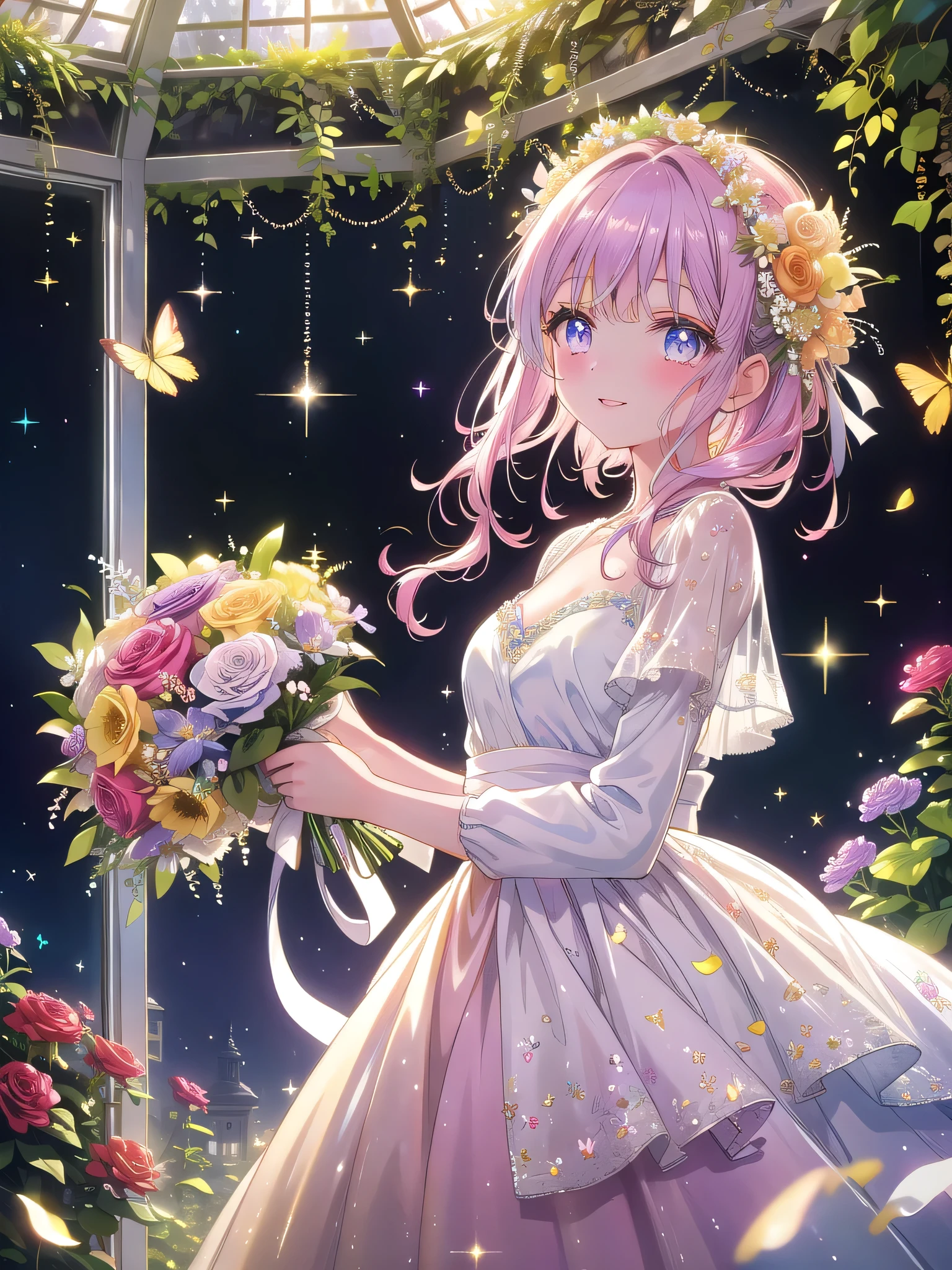 ((8k, Highest quality, masterpiece: 1.3)),Ultra-high resolution,(1 girl, alone), (Color changing eyes, Ultra-detailed, Expressive brilliance, Glitter, Glowing Eyes), Highly detailed eyes, Highly detailed face, Random Hair, ((pastel colour))Picture a woman standing in a sunlit conservatory filled with lush greenery and soft, colorful blooms hanging from the ceiling. She holds an opulent bouquet brimming with pastel-colored roses, ranunculus, and small purple orchids, all intertwined with trailing greenery and wrapped in a sheer, champagne-colored organza. The bouquet is generously full, with flowers arranged in a cascading style that nearly covers her upper body. Her hair is styled in soft, romantic waves, and she’s dressed in a simple yet elegant, pale yellow blouse with flutter sleeves. She leans forward slightly, her eyes sparkling with genuine joy, and her lips curled into a broad, heartfelt smile as if she’s about to hand over the bouquet to celebrate a dear friend's special moment. The soft sunlight filtering through the conservatory’s glass roof casts a gentle glow, while delicate sparkles around the bouquet add a whimsical touch to the scene.
