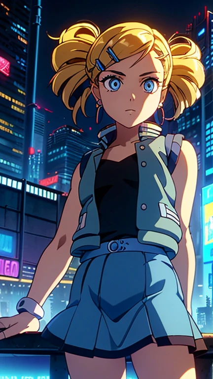 (s:1girl: ppgzbb), (extremely detailed CG unit 8k wallpaper),(master part), (best quality), (ultra detail), (best illustration),(city-scene-aso), cowboy shot, (Sharp eyeliner, ombre, detailed eyes:1), night, cyberpunk city, outdoor, ,break , (Ghost In The Shell 1995), upper body, blue eyes, blonde hair, twin drills, hairclip, earrings, vest, blue skirt, short skirt