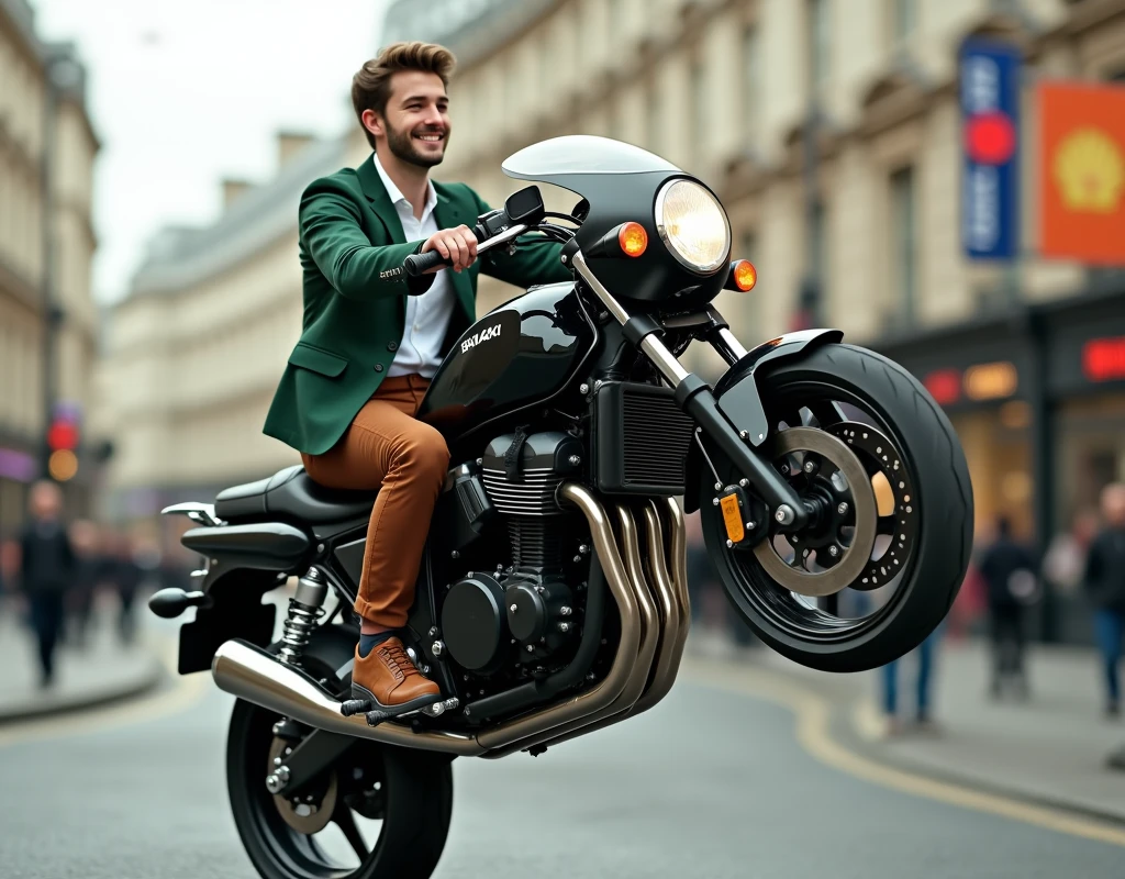 Side view, ((super photographic, superrealism)), ride on bike, wheelie traveling, Suzuki bike KATANA, This bike is cool ,on road, in London city, noon, Bond boy, (1 Scottish man ,20 age, brown hair, short cut, smile ,no helmet) (green brazer, brown pants, brown shoes ) ,((super detail, high details, high quality, accurate, anatomically correct, textured skin, beautiful fingers super detail, high details, high quality, best quality))