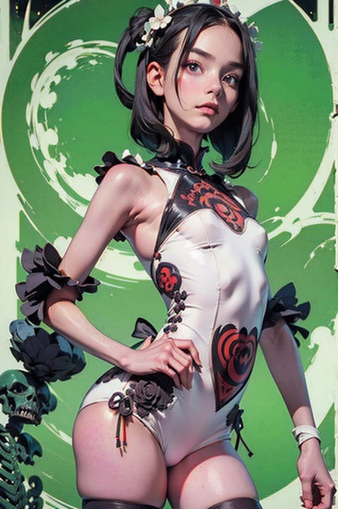 (masterpiece), (High resolution), (Very delicate), Dark atmosphere, Flat Illustration, Creepy Appearance, Characteristic hairstyle, creative accessories, Unique atmosphere、 Hell Girl、god々New Background、White Chinese Dress、Skeletons Dance