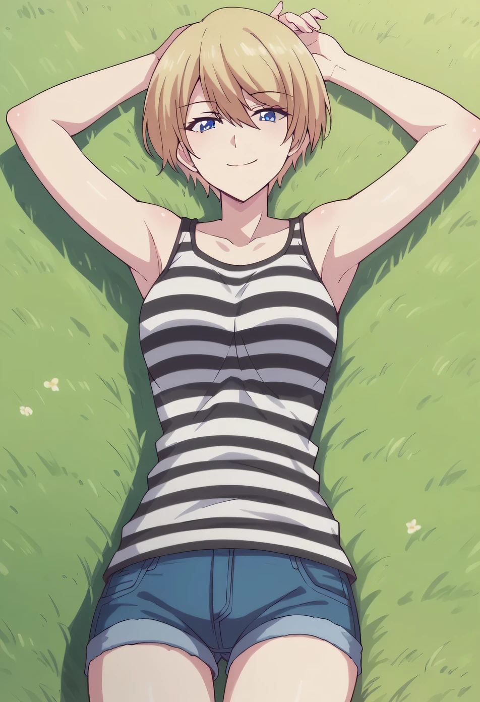 akane hououji, pixie cut, short hair, bangs, blue eyes, blonde hair, hblack_tank_top, striped_shirt, jean shorts, high quality, solo, lying, on back, arms up, spread arms, closed mouth, on grass, looking at viewer, cowboy shot, smile, best quality,