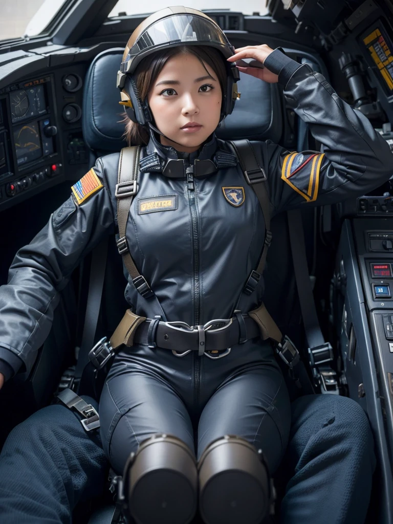 A female soldier wearing a helmet and pilot suit to fly a fighter jet,Plump,Slightly thicker,Sitting in the cockpit,Thick harness belt,