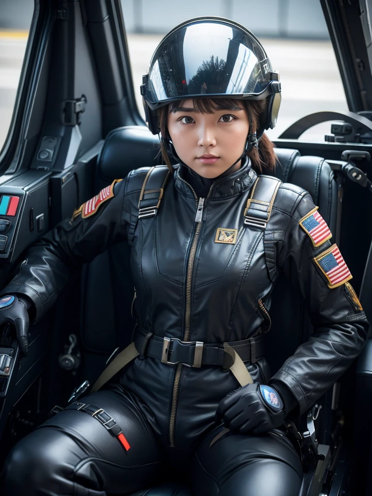 A female soldier wearing a helmet and pilot suit to fly a fighter jet,Plump,Slightly thicker,Sitting in the cockpit,Thick harness belt,