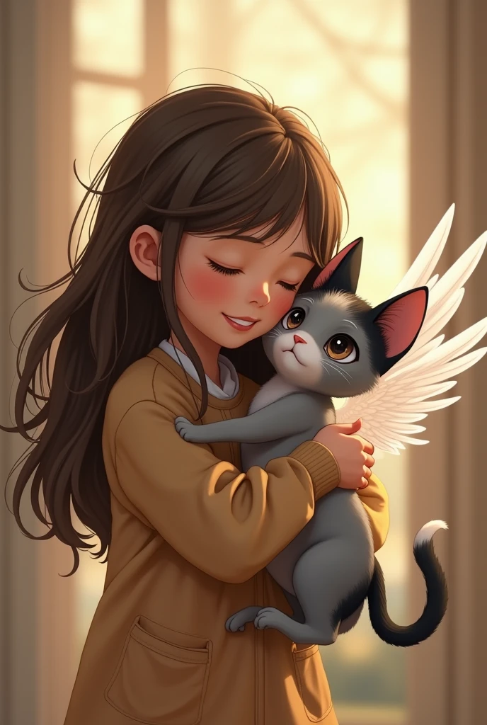  girl with long brown hair hugging 1 gray slim grandpa cat, black and white with angel wings
