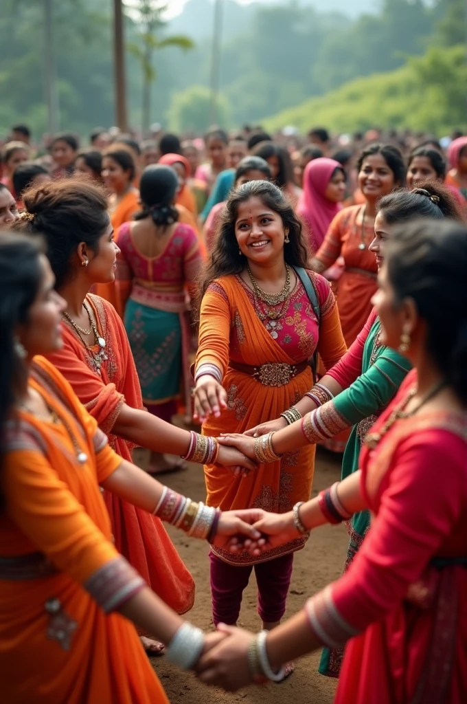 Karma festival. Photo of many Jharkhandi women dancing holding hands