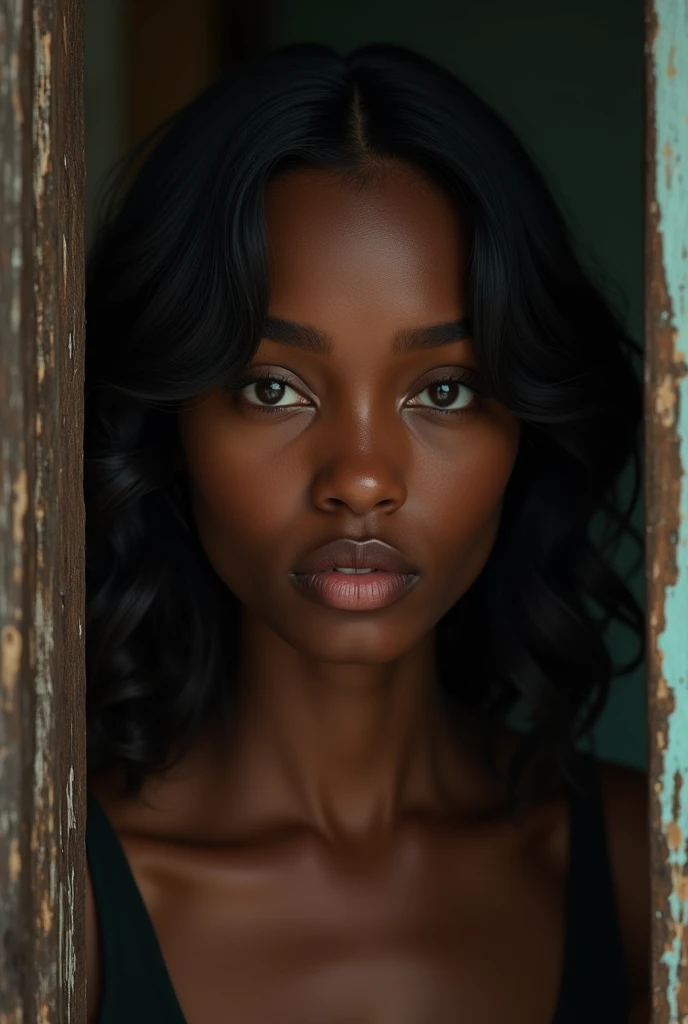Young black woman with medium length black hair, fleshy mouth and slightly prominent dental arcade, Negroid nose slightly crooked and large flat, one side of the face thinner than the other. She is in a room.