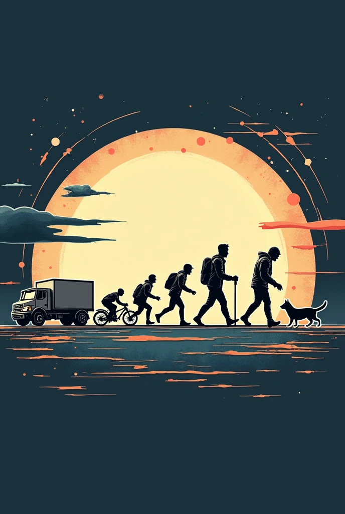 Design an artwork for a t-shirt that depicts an evolutionary sequence, similar to the classic evolution of man. The sequence should follow this order: truck, car, motorcycle, bicycle, pedestrian, dog, and cat. Each stage in the sequence should transition smoothly into the next, showcasing the gradual shift between different modes of transportation and living beings. The artwork should be creative and visually appealing, making it ideal for a t-shirt design